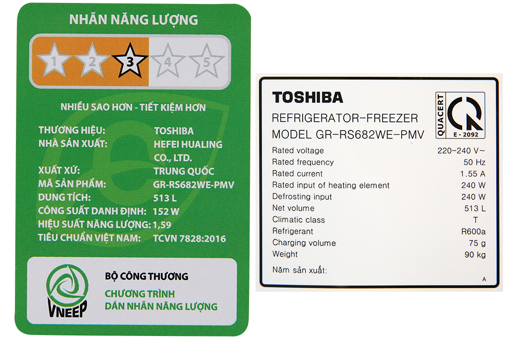 Tủ lạnh Toshiba Inverter 513 lít Side By Side GR-RS682WE-PMV(06)-MG